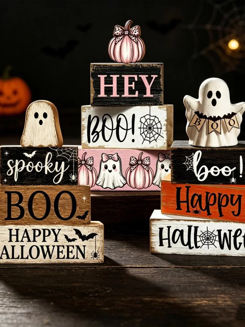 Halloween Stacked Wooden Block,Ghost Witch Pumpkin Tabletop Sign,Spooky Season